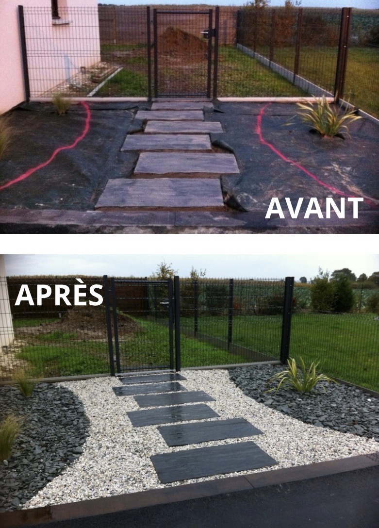 Chemin en pierre avec gazon et gravier, comparant l'état avant et après l'aménagement. Chemin en pierre avec gazon et gravier, comparant l'état avant et après l'aménagement.